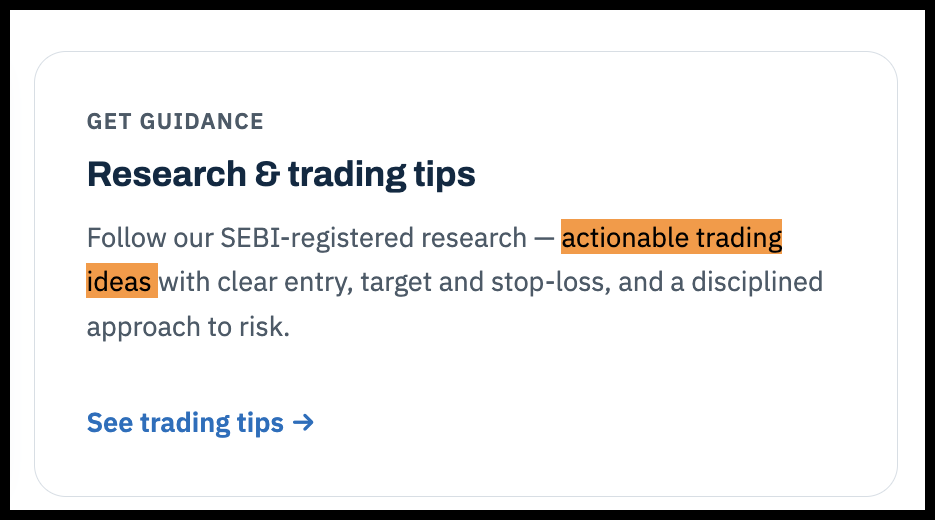 EQSIS website card titled Get Guidance showing Research and trading tips with a See trading tips link