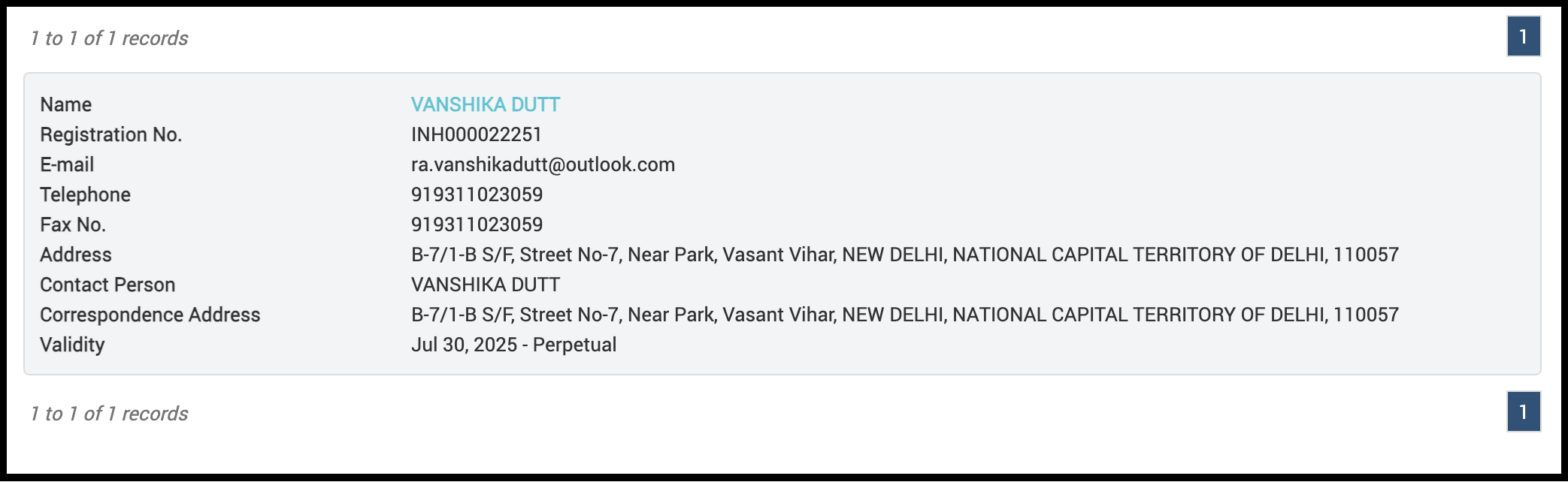 SEBI registered research analyst record showing Vanshika Dutt registration INH000022251 valid from 30 July 2025 on a perpetual basis
