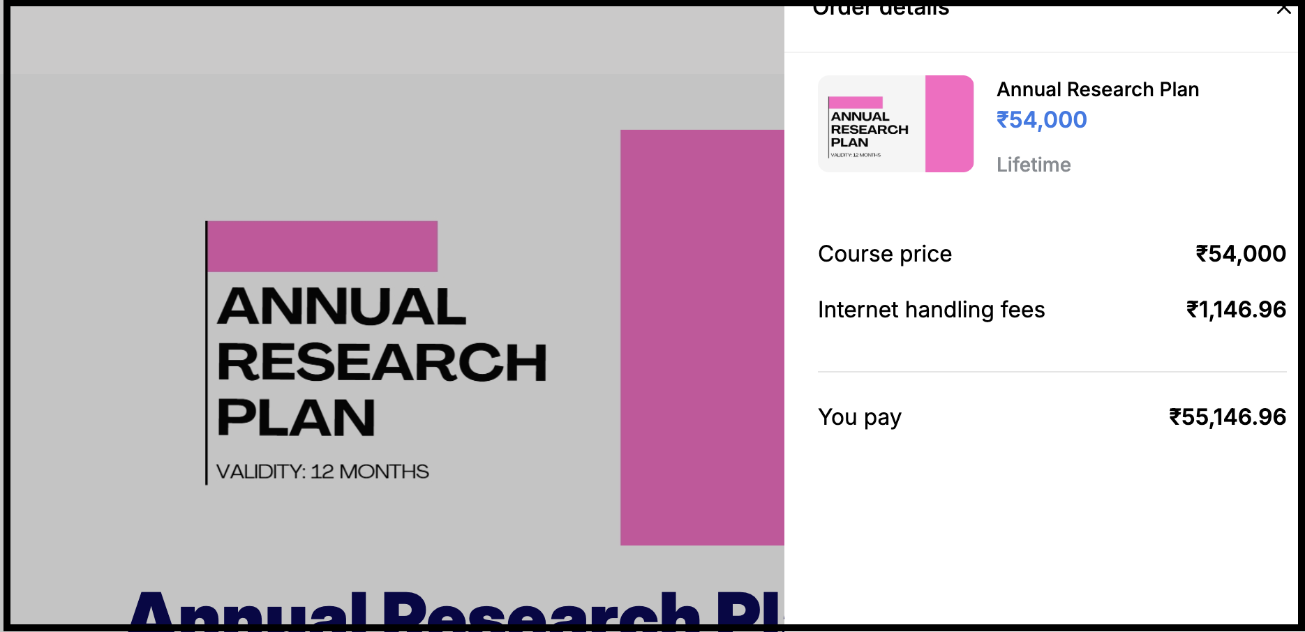 Payment page for the Annual Research Plan showing course price of 54,000 rupees, internet handling fees of 1,146.96 rupees and a total of 55,146.96 rupees