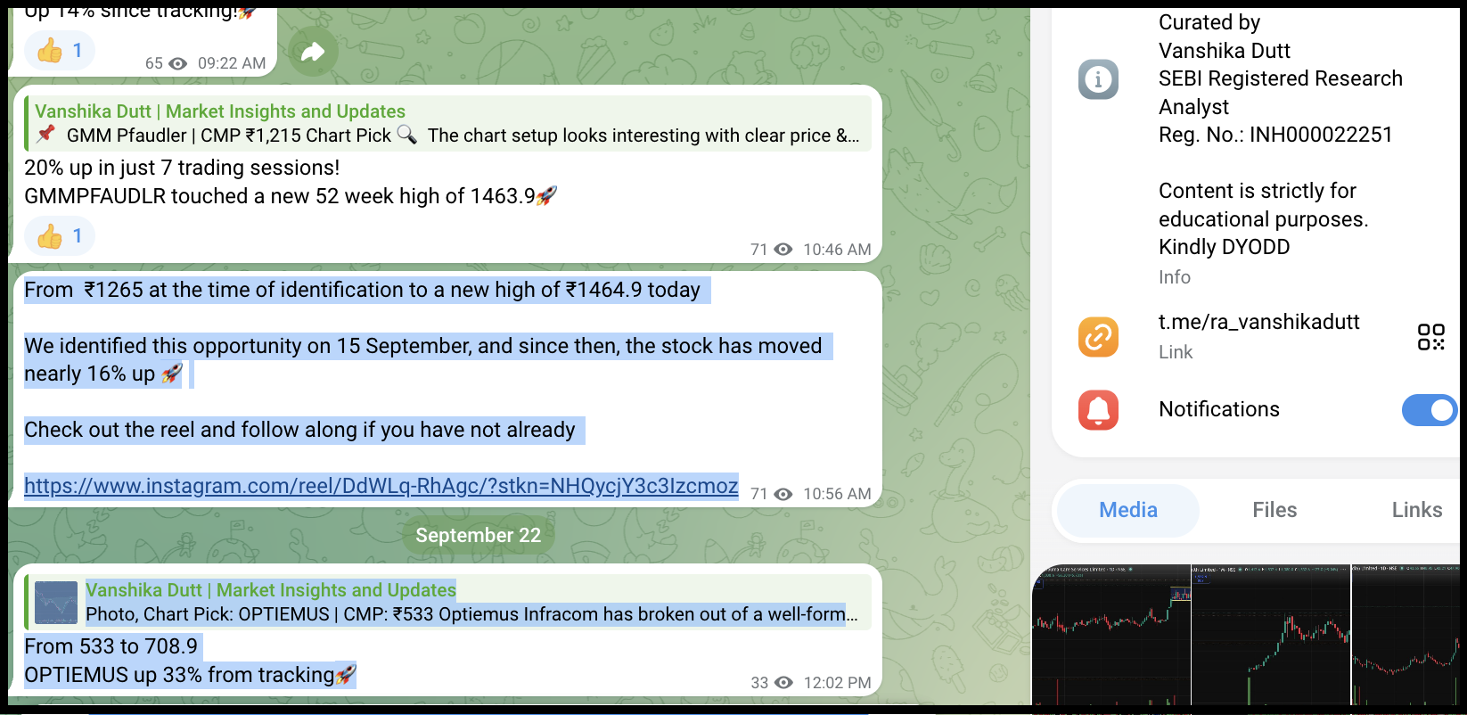 Telegram channel posts by Vanshika Dutt highlighting GMM Pfaudler up nearly 16 percent and Optiemus Infracom up 33 percent from tracking