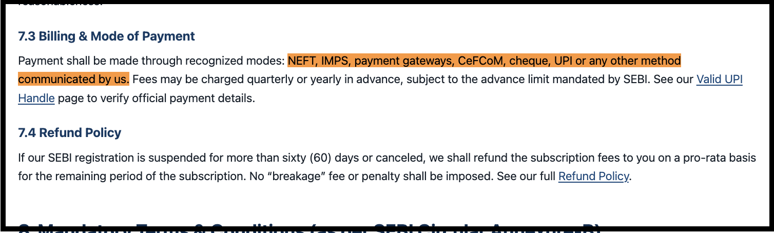 Terms and Conditions section 7.3 Billing and Mode of Payment with payment gateways highlighted among the permitted payment modes