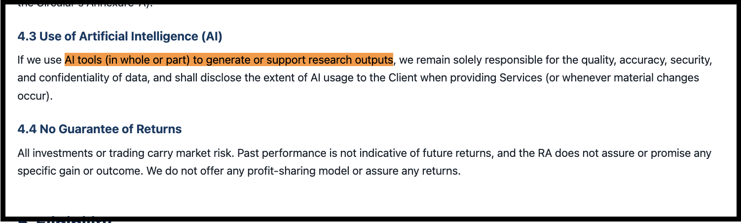 Terms and Conditions section 4.3 Use of Artificial Intelligence with AI tools used to generate or support research outputs highlighted