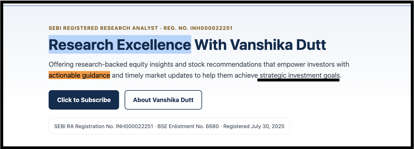Vanshika Dutt homepage banner reading Research Excellence With Vanshika Dutt with SEBI registration number INH000022251 and a Click to Subscribe button