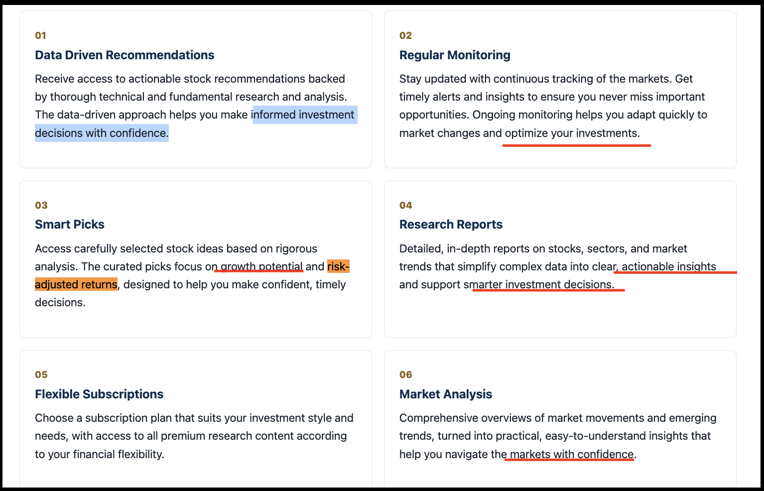 Research plan features on Vanshika Dutt website with phrases like growth potential, risk adjusted returns, actionable insights and markets with confidence marked