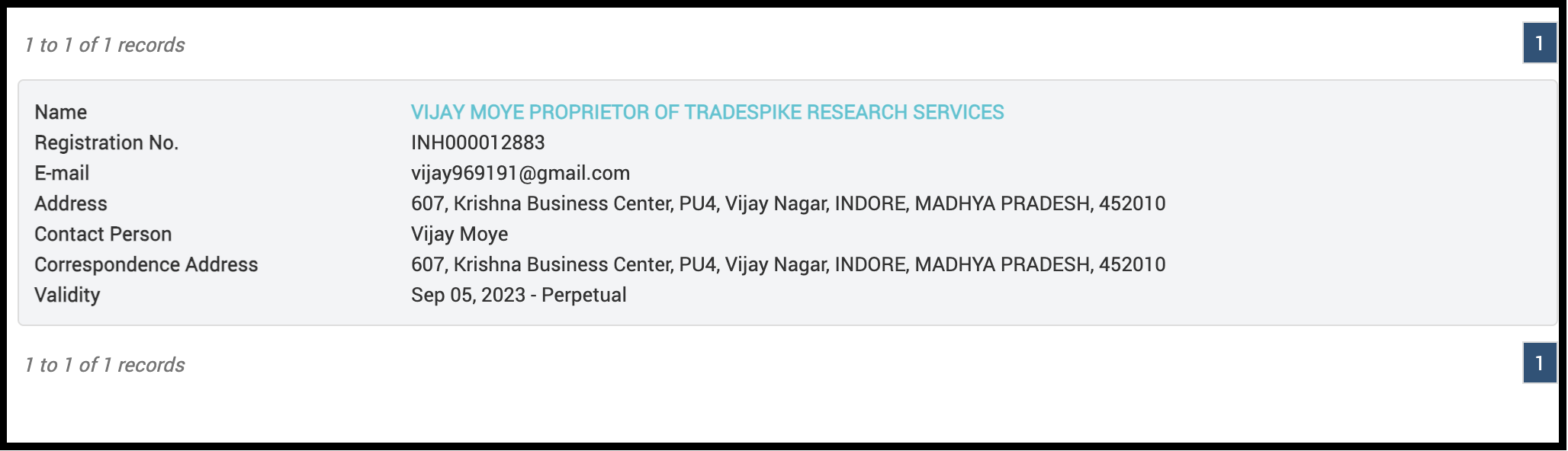 SEBI Research Analyst registration details for Vijay Moye and TradeSpike Research under registration number INH000012883.