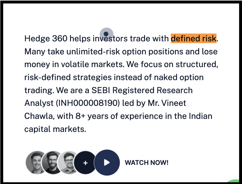 Hedge360 website marketing claim highlighting defined risk and consistent options strategy returns