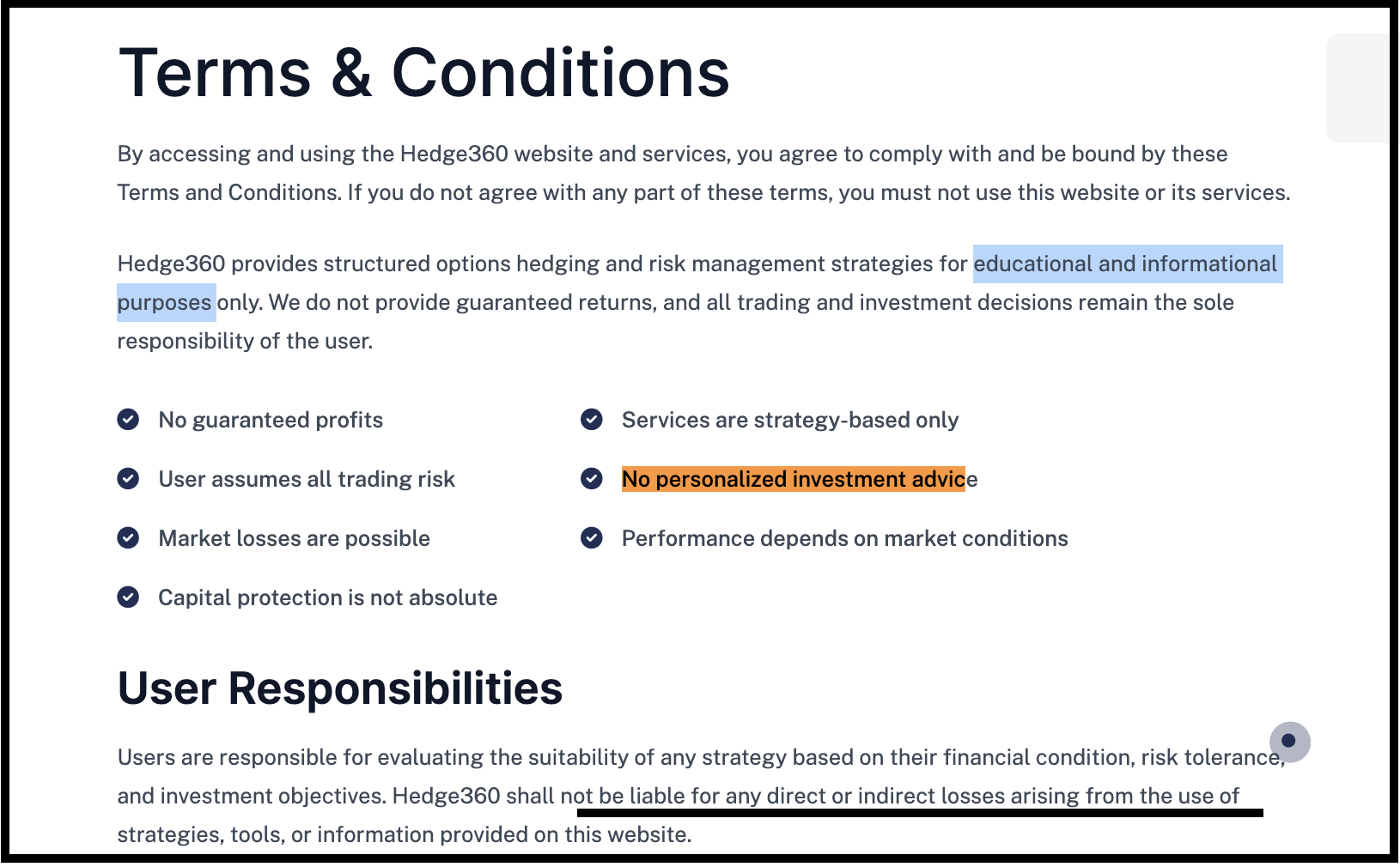 Hedge360 website terms and conditions disclaimer regarding educational purposes and liability