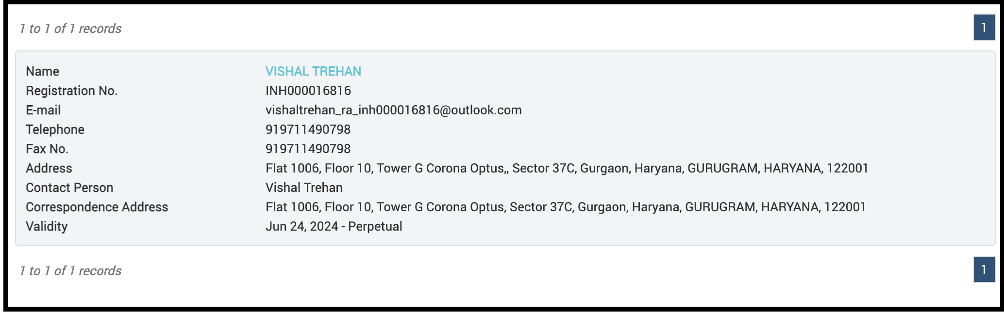 SEBI registration details for Vishal Trehan