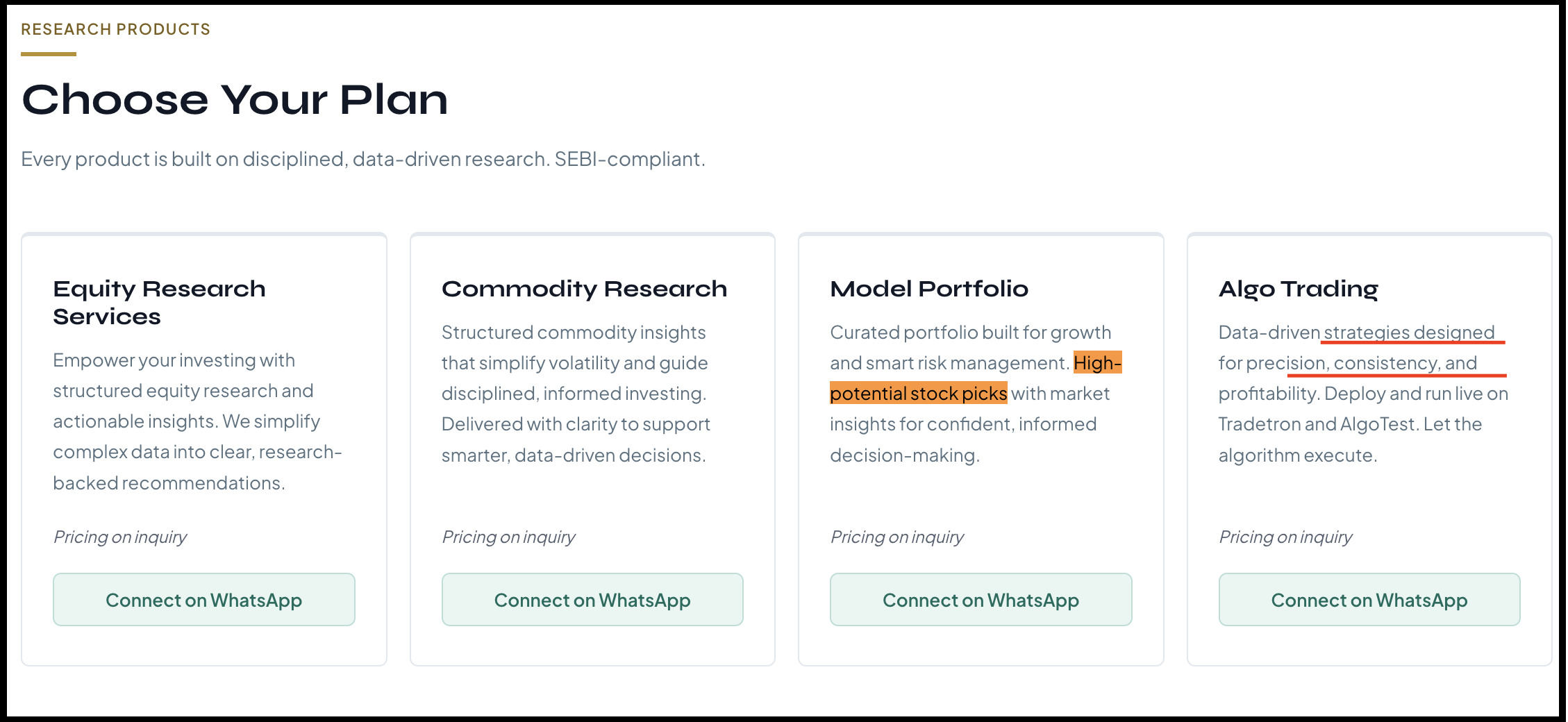 Vishal Trehan website pricing plans section displaying services and WhatsApp enquiry options.