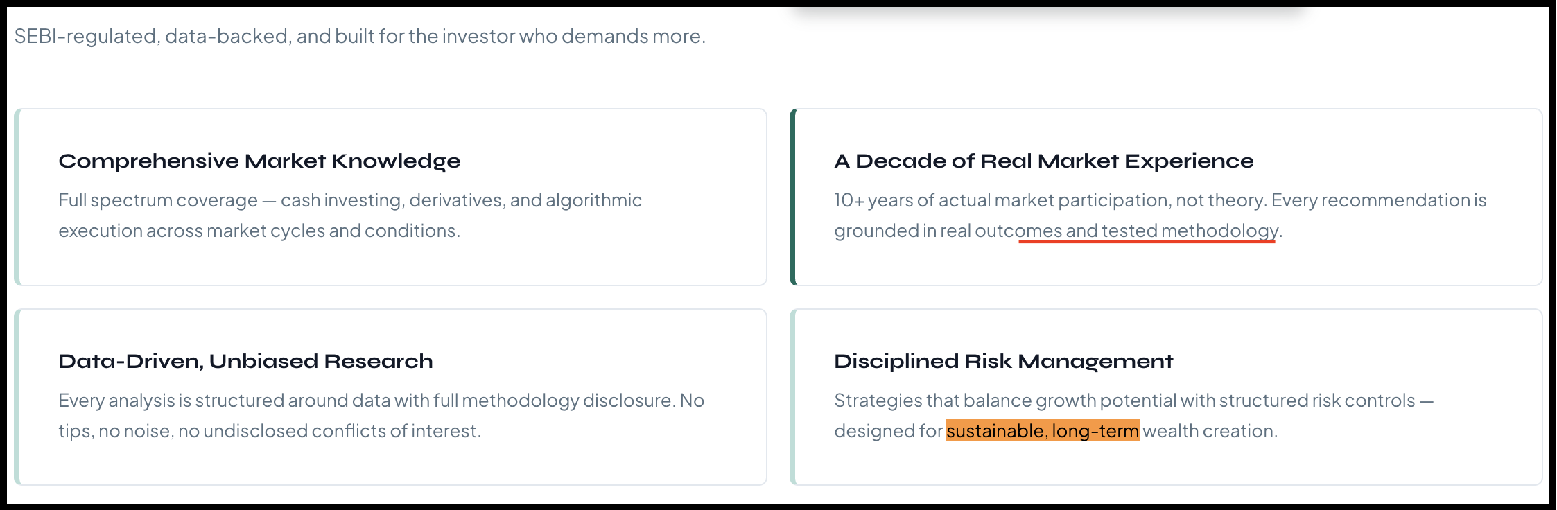 Vishal Trehan website feature grid highlighting market knowledge and data-driven research claims.