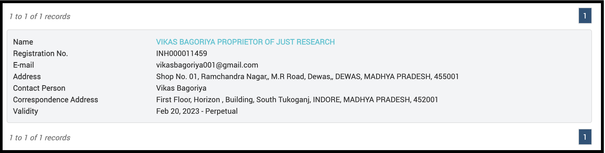 JustResearch SEBI Research Analyst registration details for Vikas Bagoriya showing registration INH000011459.