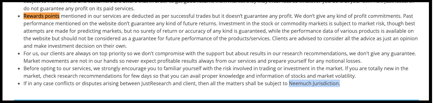 JustResearch Terms and Conditions section explaining trade-linked reward points and profit disclaimers.
