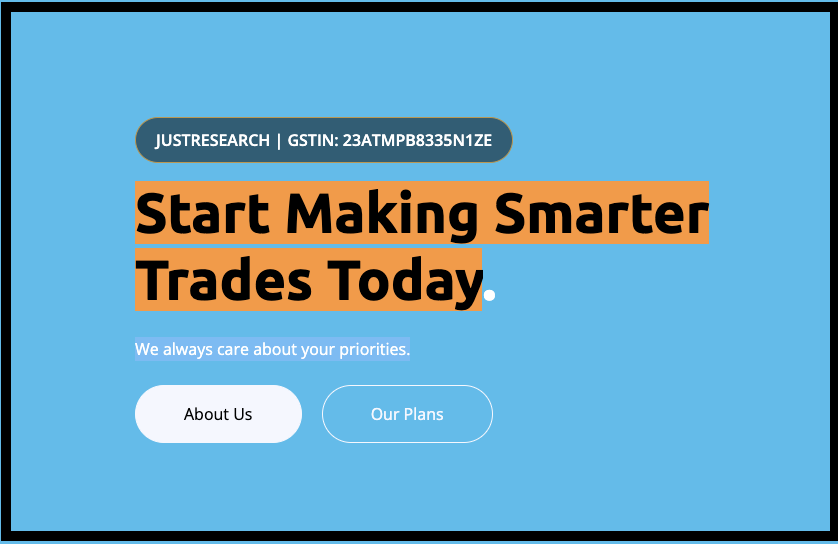 JustResearch homepage promotional banners making claims about smarter trades and trusted investing.