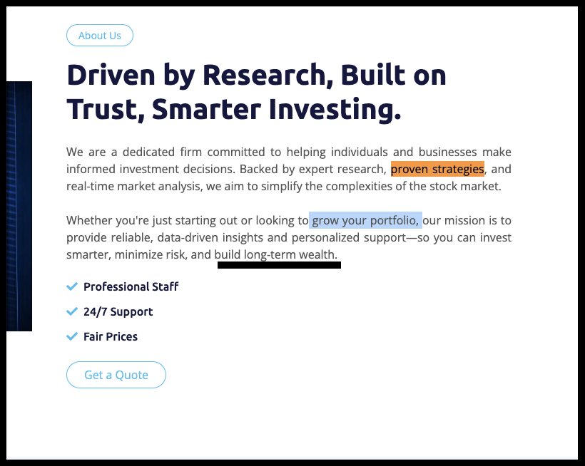 JustResearch marketing section claiming proven trading strategies, risk minimization, and long-term wealth building.
