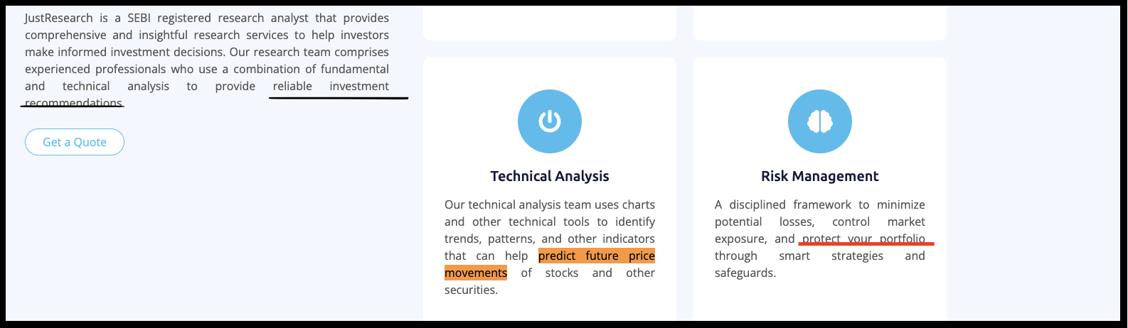 JustResearch promotional claim screenshot highlighting portfolio protection and risk management strategy.