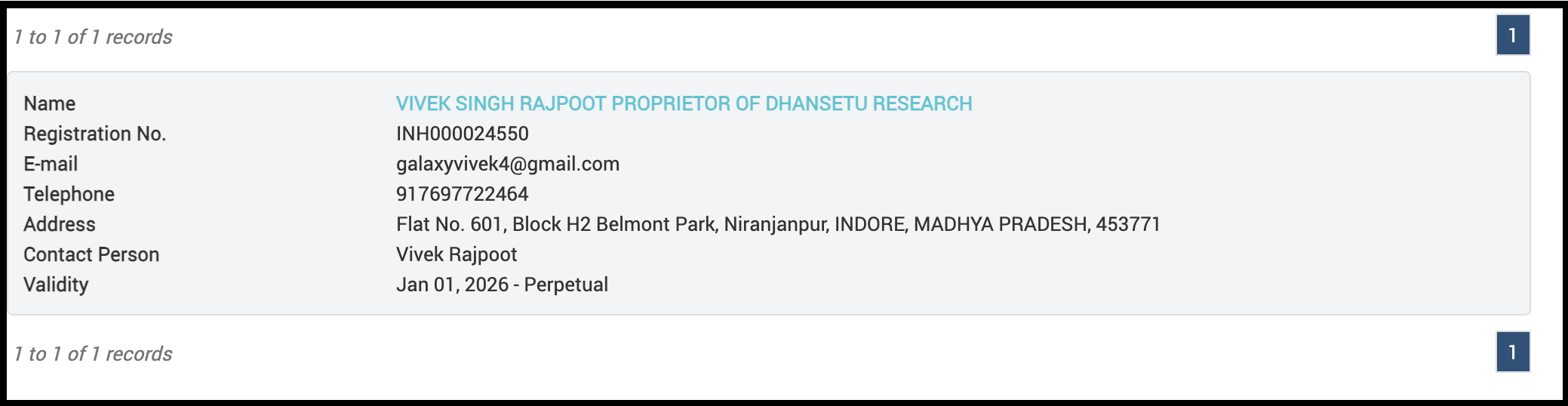 Screenshot of Dhansetu Research website showing SEBI registration details alongside official SEBI database record showing registration number INH000024550.