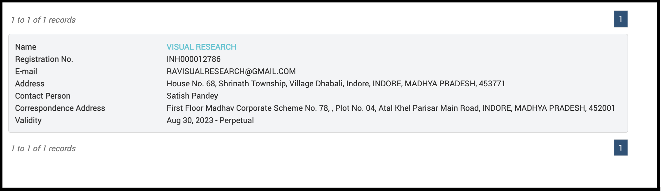 SEBI registration details for Visual Research