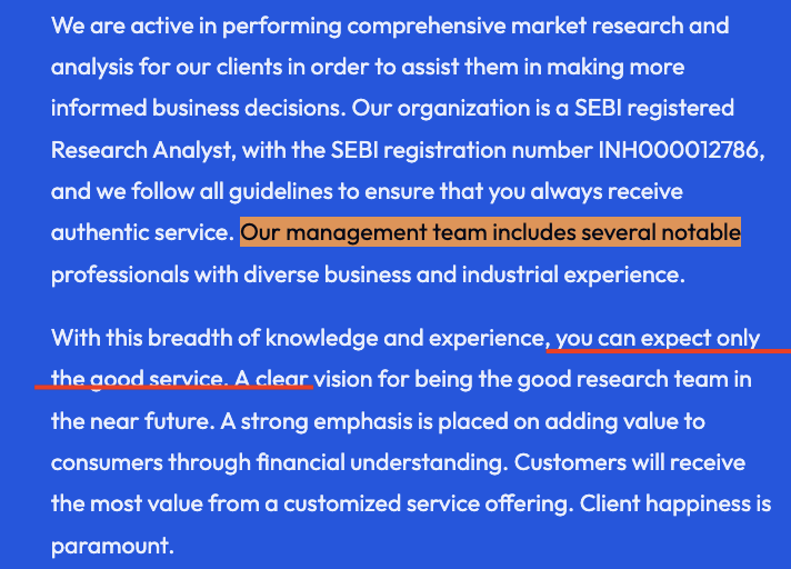 Visual Research website about us section highlighting SEBI Research Analyst registration and management team claims.