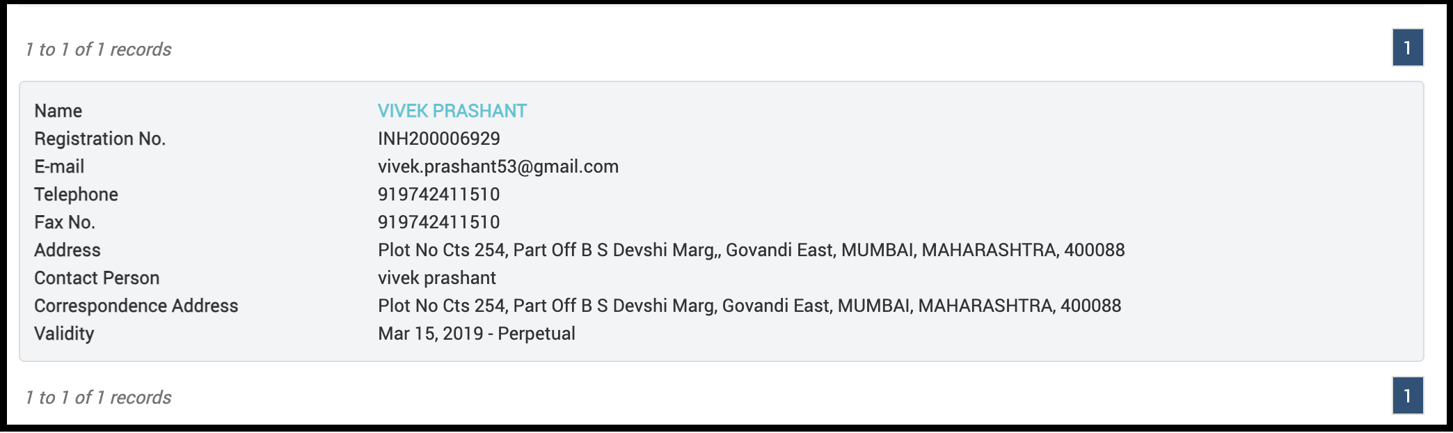 SEBI registration details for Vivek Prashant