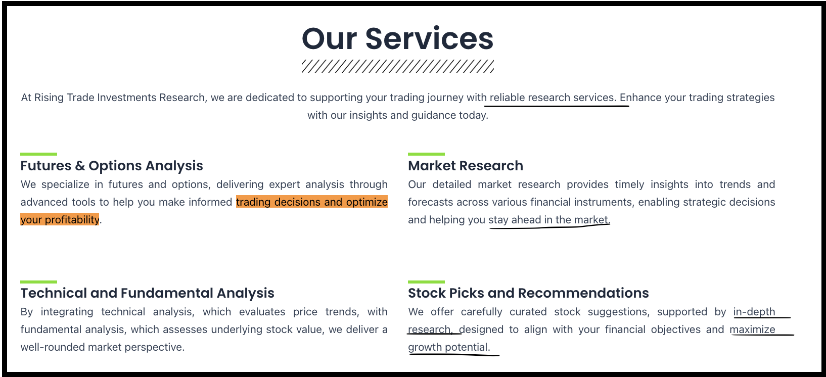 Vivek Prashant website section titled "Our Services" highlighting Futures & Options Analysis, Market Research, Technical and Fundamental Analysis, and Stock Picks and Recommendations.