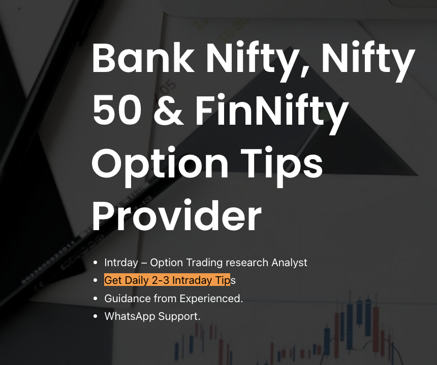 Promotional graphic for Bank Nifty, Nifty 50, and FinNifty Option Tips Provider featuring claims like "Get Daily 2-3 Intraday Tips", guidance, and WhatsApp support.