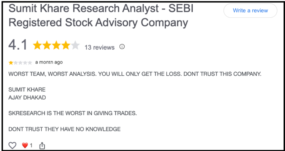 Google review for Sumit Khare Research Analyst citing trading losses and poor service analysis.