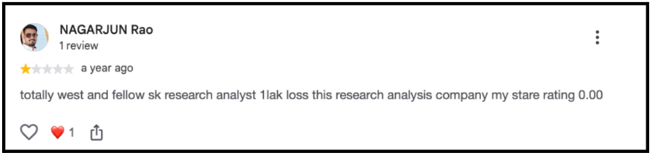 1-star Google review by Nagarjun Rao for SK Research Analyst citing a 1 lakh financial loss.