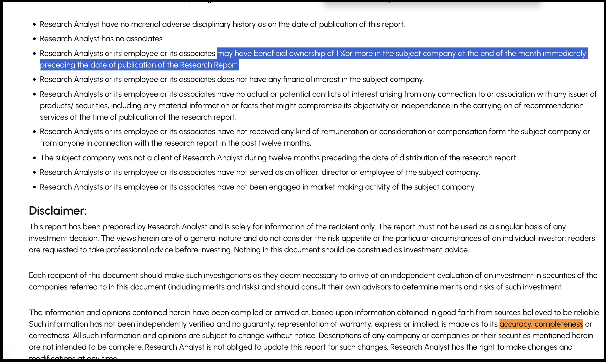 WealthView Analytics research report disclosure document highlighting beneficial ownership and unverified information disclaimers.