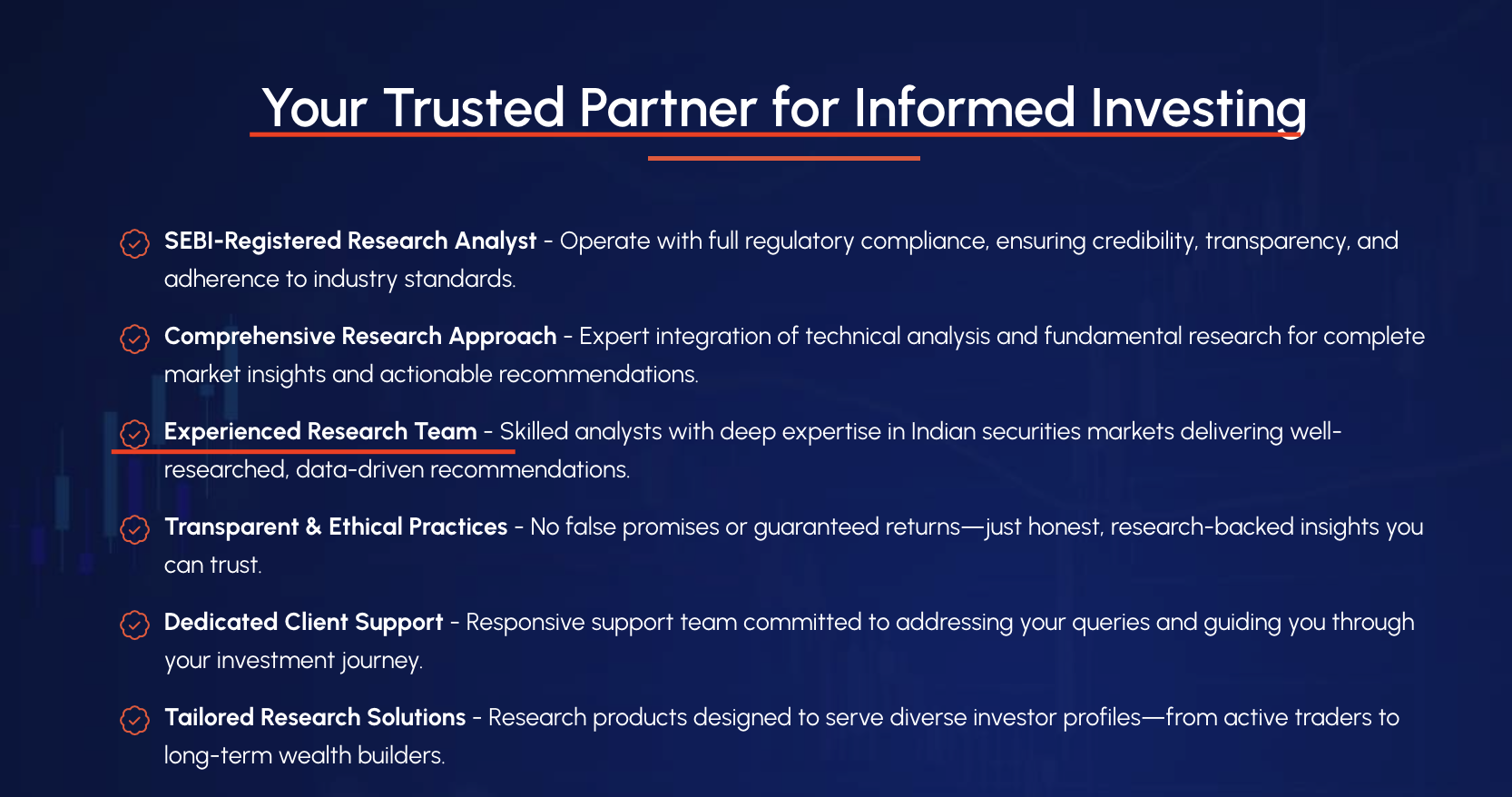 WealthView Analytics website marketing section highlighting claims of an experienced research team and deep market expertise.