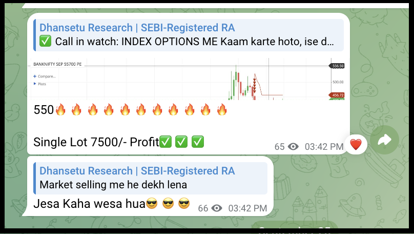 Screenshot of official Dhansetu Research Telegram channel post highlighting ₹7,500 profit on a single lot with promotional text.