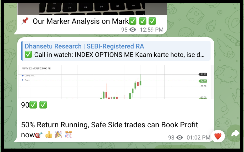 Screenshot of Dhansetu Research Telegram channel post advertising a 50% return on trade recommendations with safe side trade claims.