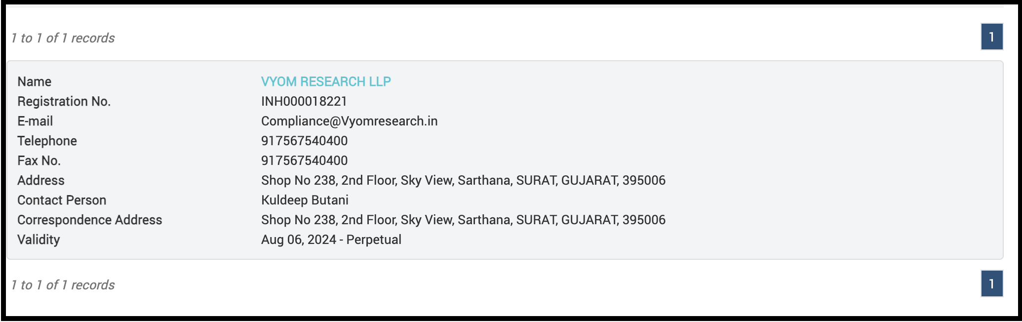 SEBI registration details for Vyom Research LLP