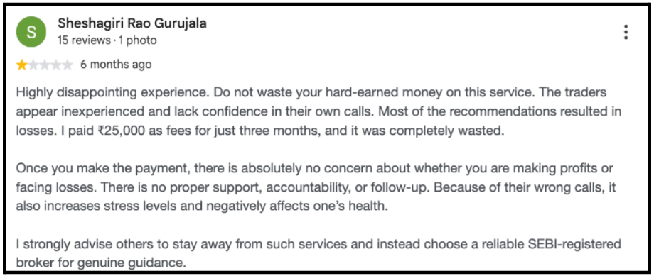 Google review by Sheshagiri Rao Gurujala rating Trade Nexus Research 1 star and describing ₹25,000 fee for three months with losses and no support.