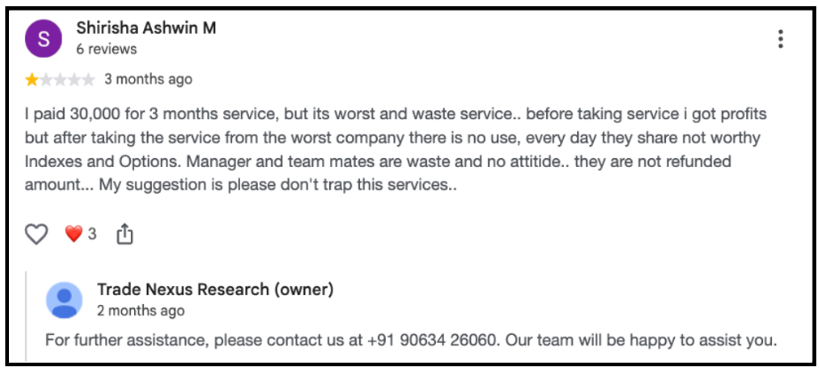 Google review by Shirisha Ashwin M rating Trade Nexus Research 1 star and describing paying ₹30,000 for three months with poor service and unhelpful calls.
