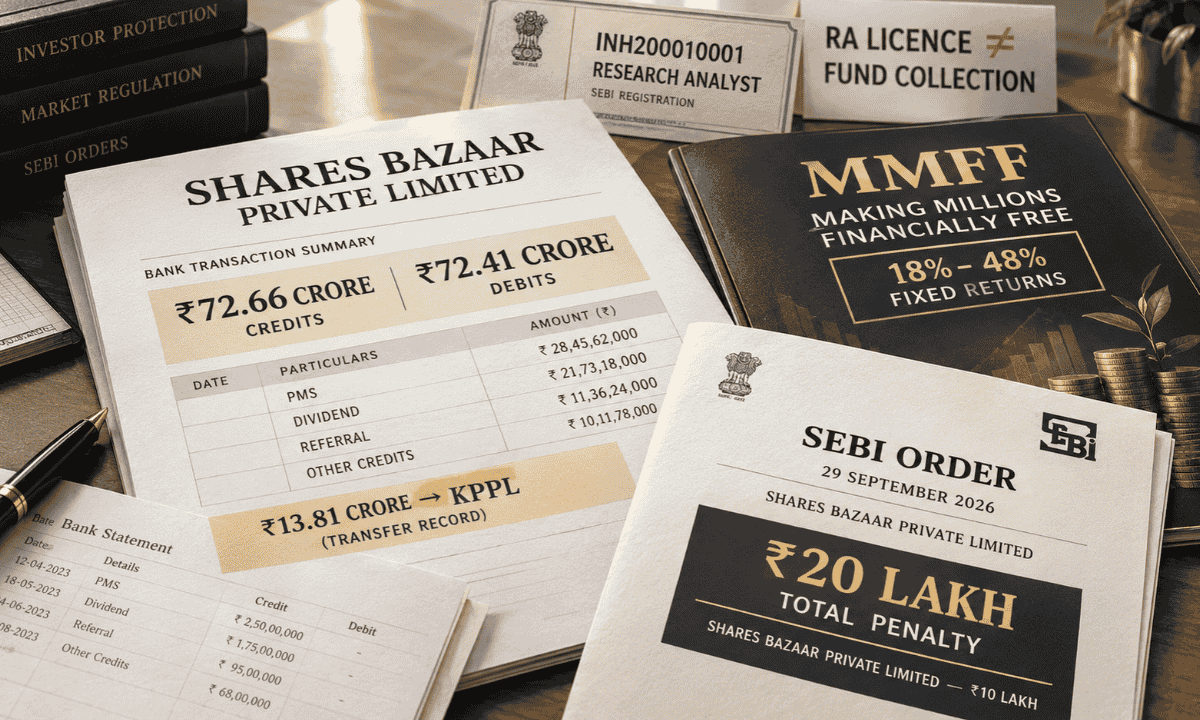 SEBI order document excerpts detailing Shares Bazaar Private Limited penalty and MMFF scheme transaction breakdown.
