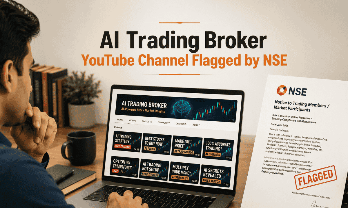 Graphic warning about the Ai Trading Stock Market Broker YouTube channel flagged by NSE for illegal trading.