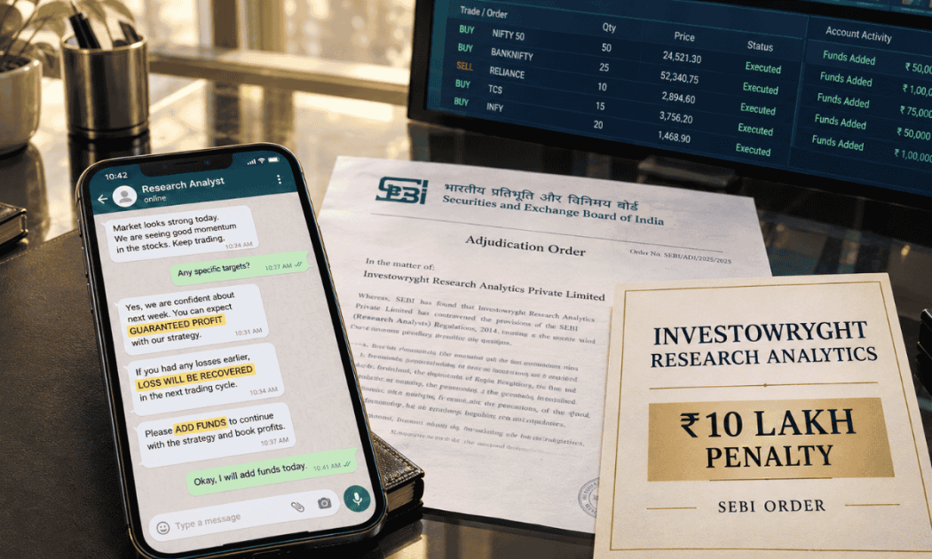 SEBI order penalty notice against Investowryght Research Analytics shown on a smartphone alongside official documents.