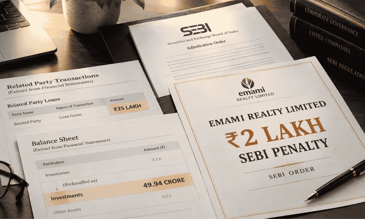 SEBI Order notice banner showing Emami Realty logo and ₹2 Lakh penalty details