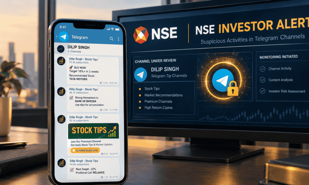 NSE Caution Notice warning investors against Dilip Singh's Telegram channels and demat account handling scams.