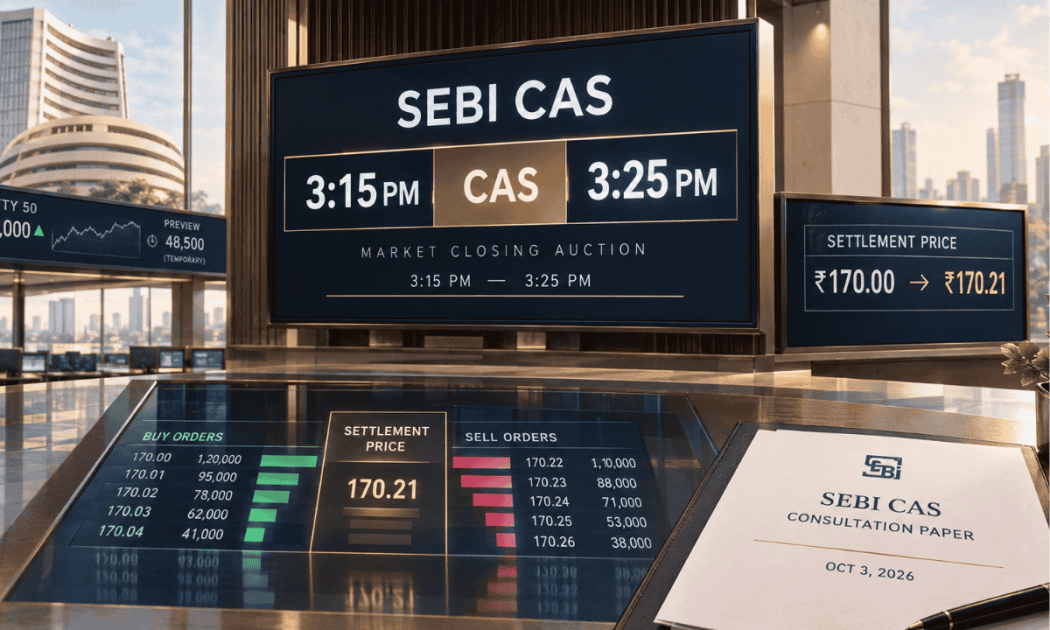 Digital trading board showing the SEBI CAS schedule with normal trading until 3:15 PM, Closing Auction Session from 3:15 PM to 3:25 PM, and stock price calculations.