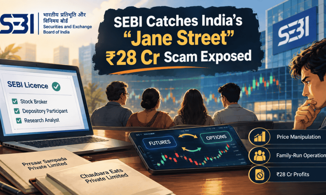 Graphical banner showing trading charts and text reading "SEBI Catches India's 'Jane Street': ₹28 Cr Scam Exposed