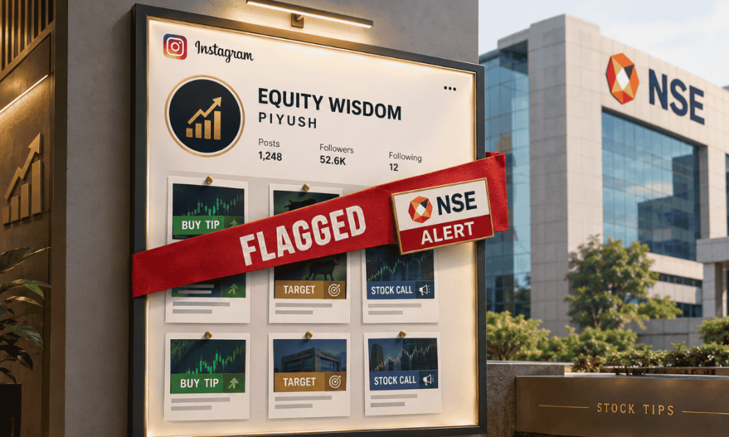 NSE caution warning graphic flagged over an Instagram profile for Equity Wisdom offering unregistered stock tips.