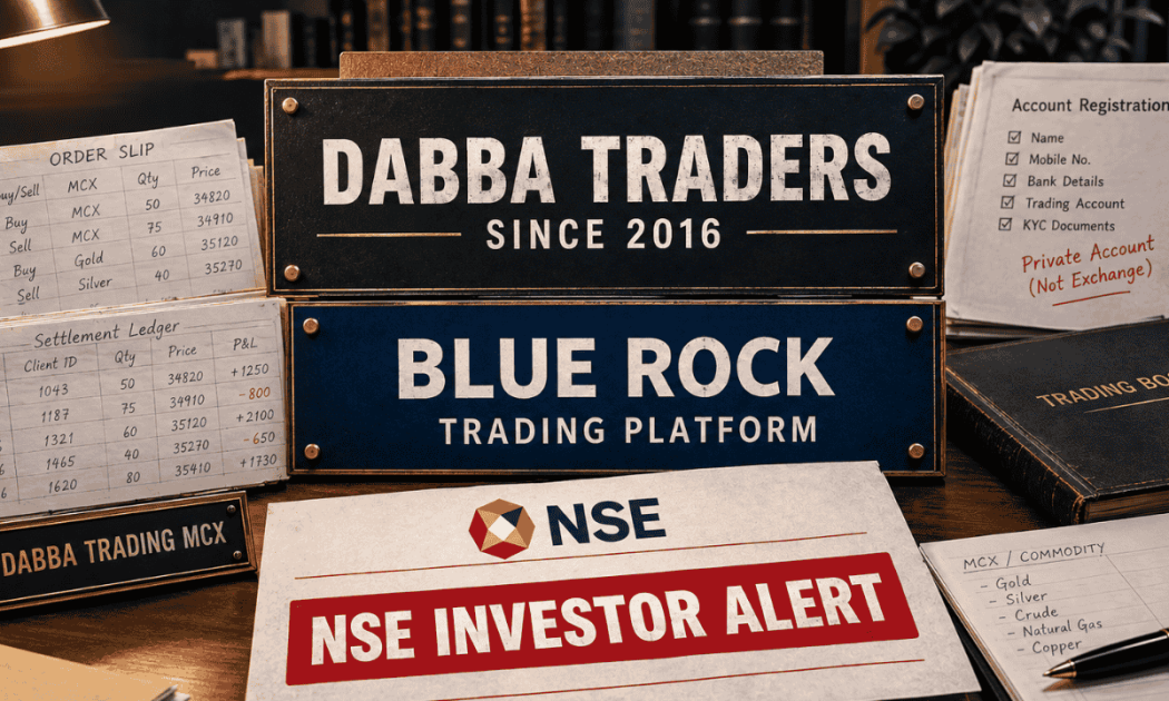 NSE caution warning image showing Dabba Traders Since 2016 and Blue Rock Trading Platform names