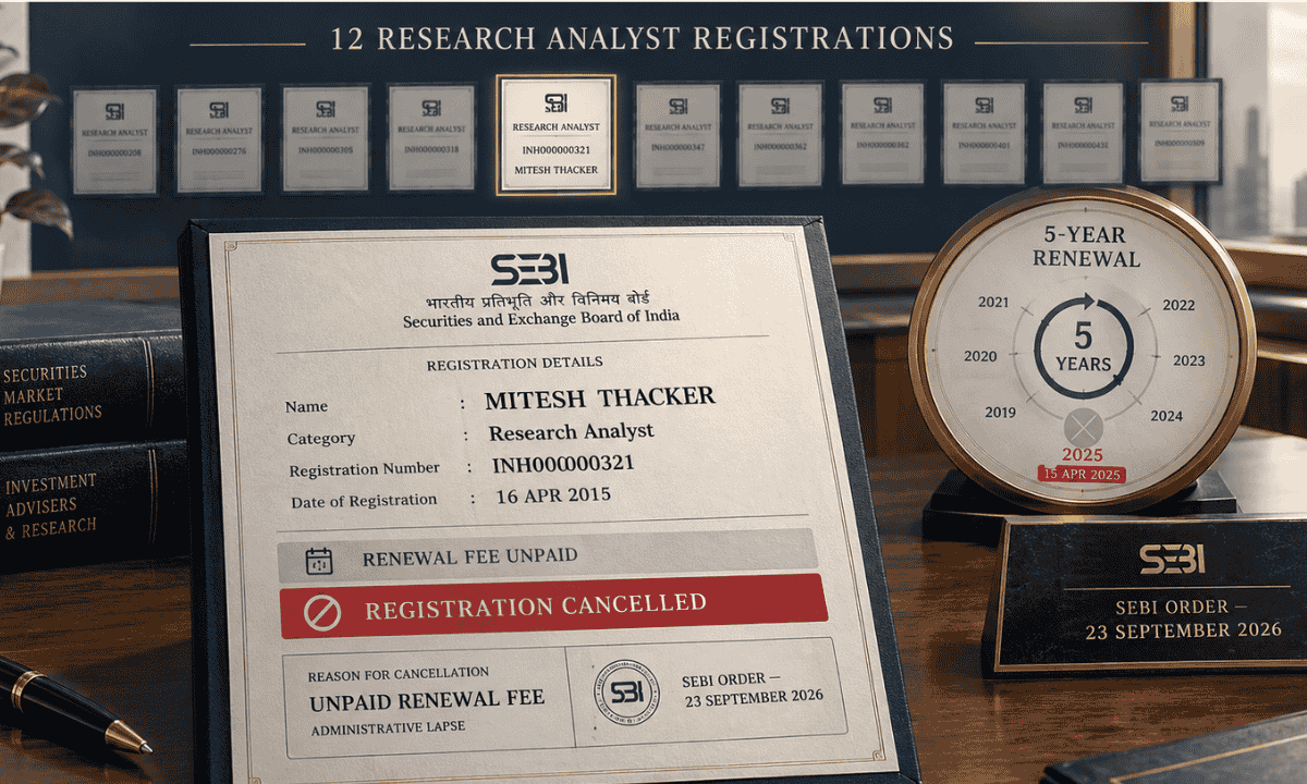 SEBI Research Analyst registration cancellation document featuring Mitesh Thacker