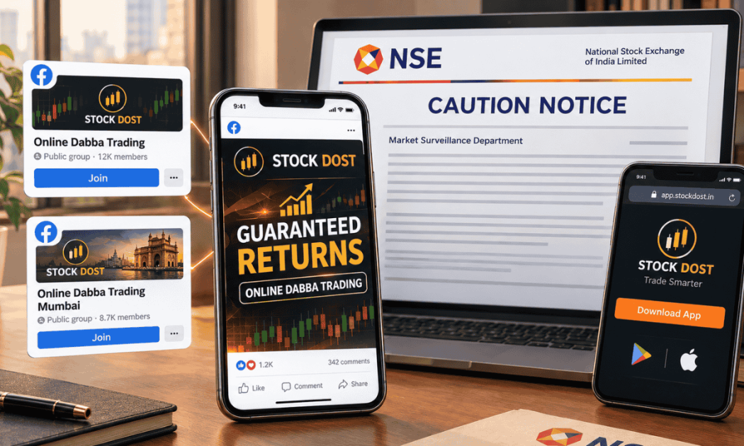 Graphic illustration showing Stock Dost fraud alert with NSE caution notice on a laptop and smartphone screen.