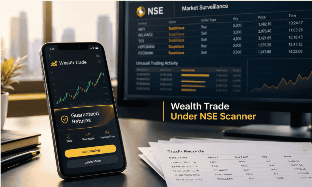 Mobile screen showing Wealth Trade app under NSE scanner for illegal dabba trading and guaranteed returns