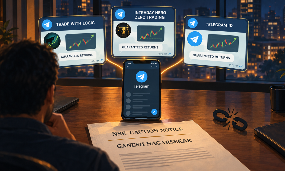 NSE caution notice naming Ganesh Nagarsekar linked to three Telegram trading channels promoting guaranteed returns