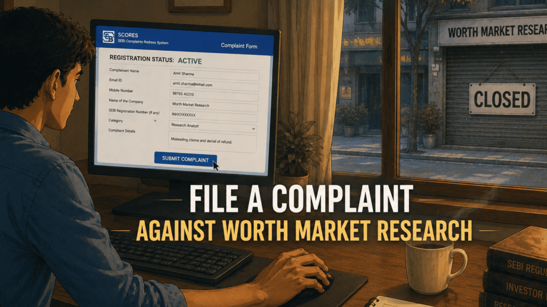 File a complaint against Worth Market Research background showing SEBI portal on computer screen and closed business