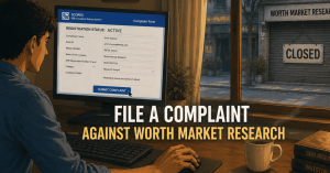 File a complaint against Worth Market Research background showing SEBI portal on computer screen and closed business