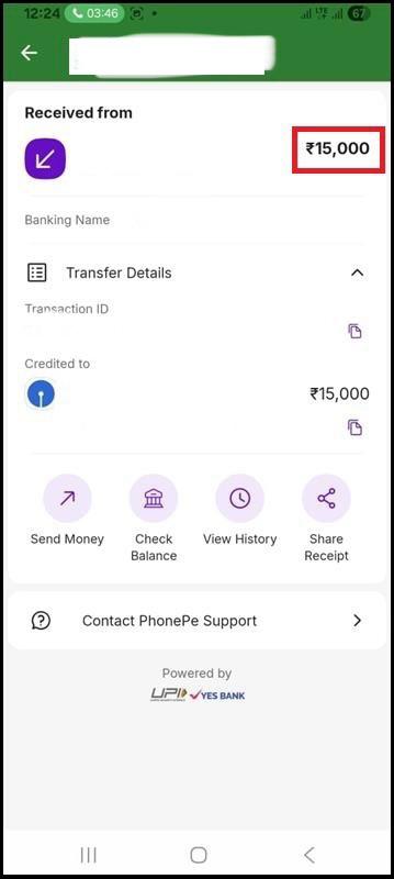 UPI payment receipt screenshot displaying ₹15,000 credited transaction